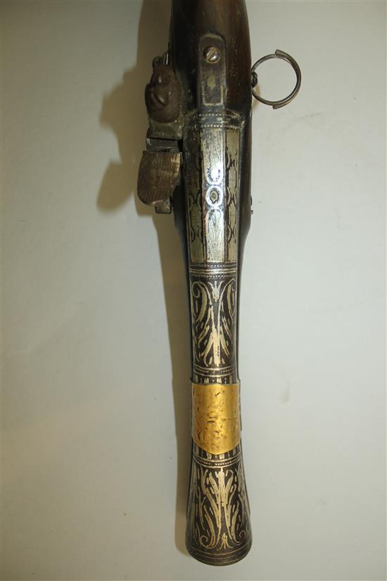 A 19th century Turkish flintlock blunderbuss pistol, 17.75in.